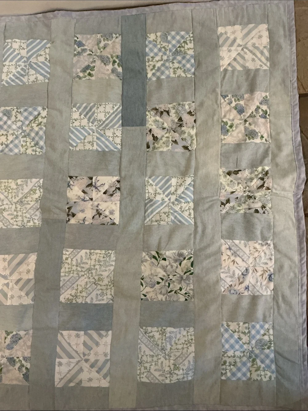 Handmade Light Blue Patchwork Quilt - Soft Floral & Stripe Design